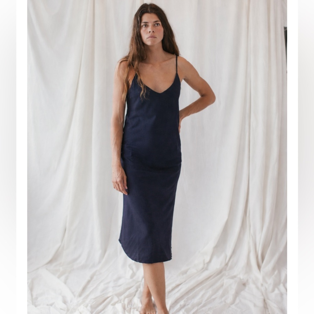 Ozma Navy Silk Noil Bias Slip Elegant Dark Blue Midi Dress